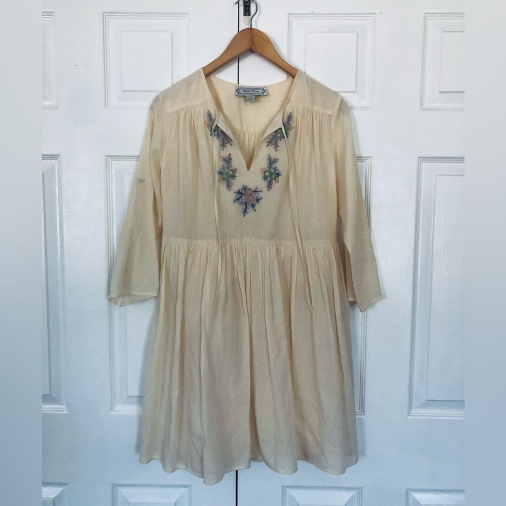 Beyond Vintage Dress Cream Embroidered Babydoll Dress Boho Cottagecore Festival